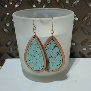 Wooden Teardrop Earrings with Blue Accents